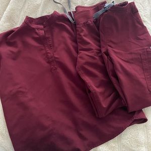Figs scrub set in burgundy top and two bottoms